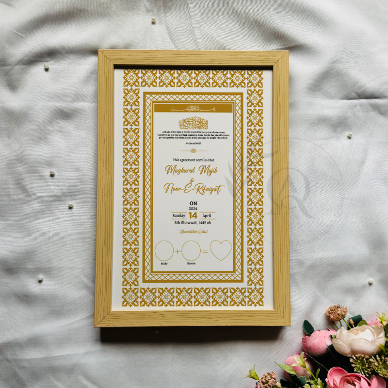 Golden Lace Nikahnama – Elegant Islamic Marriage Certificate with Floral Border