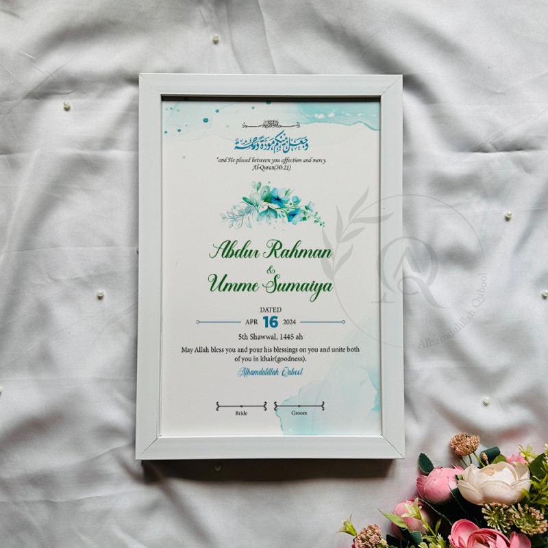 Aqua Bloom Nikahnama – Modern Islamic Marriage Certificate with Watercolor Floral Design
