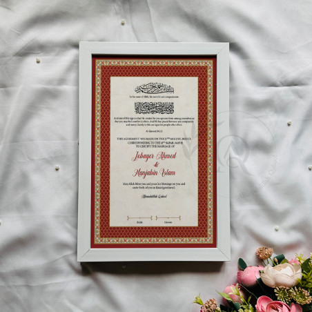 Crimson Lattice Nikahnama – Islamic Marriage Certificate with Traditional Red Motif
