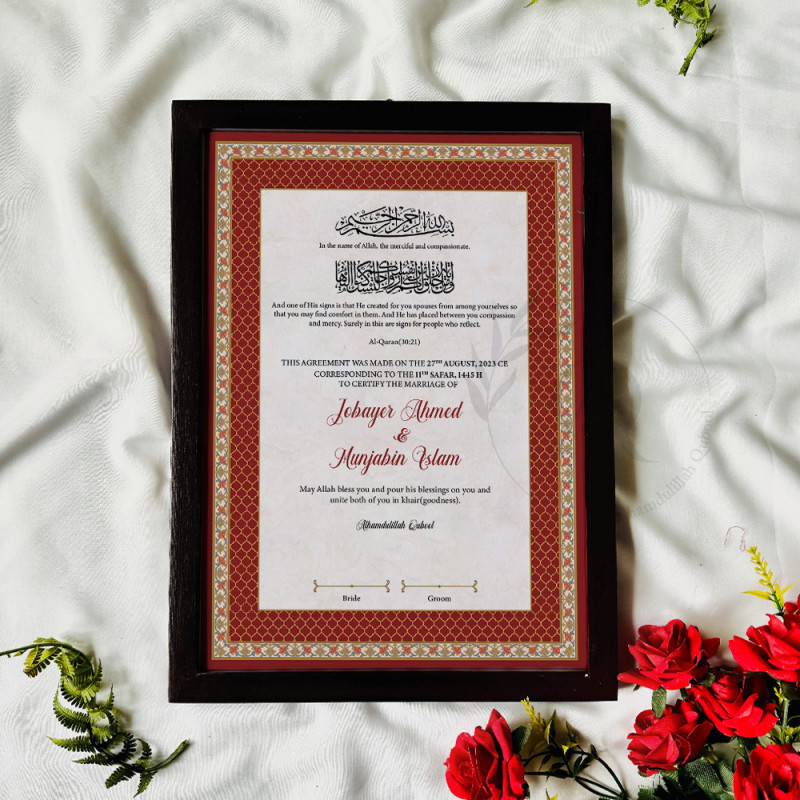Crimson Lattice Nikahnama – Islamic Marriage Certificate with Traditional Red Motif