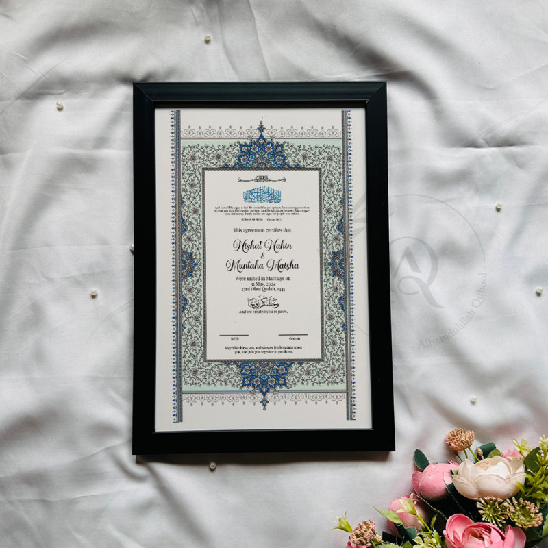 Sapphire Bloom Nikahnama – Ottoman Floral Islamic Marriage Certificate.