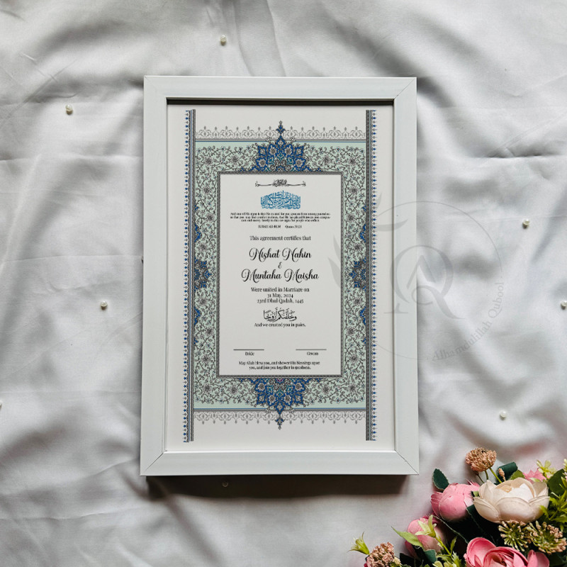 Sapphire Bloom Nikahnama – Ottoman Floral Islamic Marriage Certificate.