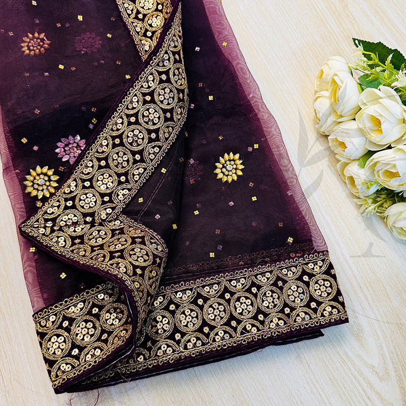 Purple Embroidered Dupatta with Golden Border – Bridal & Party Wear | AiyaanBD |AQ