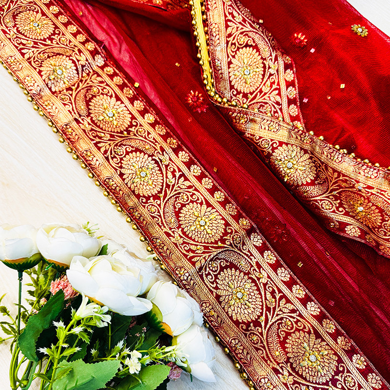 Red Bridal Dupatta with Golden Embroidery & Beaded Border – Wedding Wear | AQ