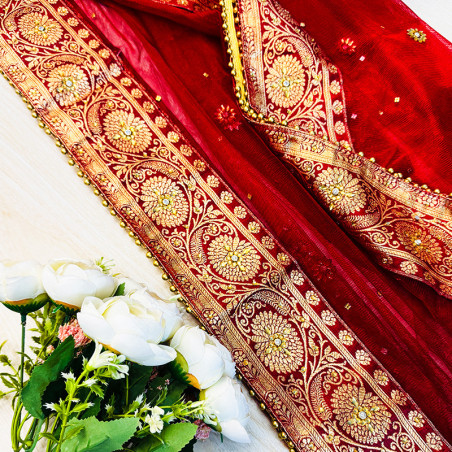 Red Bridal Dupatta with Golden Embroidery & Beaded Border – Wedding Wear | AQ