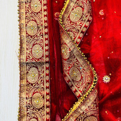 Red Bridal Dupatta with Golden Embroidery & Beaded Border – Wedding Wear | AQ