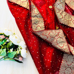 Red Dupatta with Golden Banarasi Border & Sequins – Bridal/Festive Wear | AQ