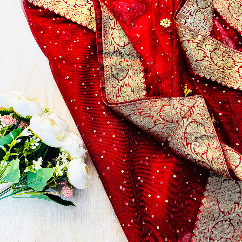 Red Dupatta with Golden Banarasi Border & Sequins – Bridal/Festive Wear | AQ