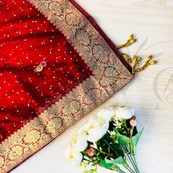 Red Dupatta with Golden Banarasi Border & Sequins – Bridal/Festive Wear | AQ