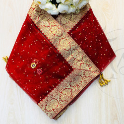 Red Dupatta with Golden Banarasi Border & Sequins – Bridal/Festive Wear | AQ
