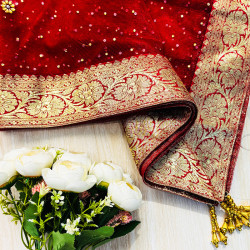 Red Dupatta with Golden Banarasi Border & Sequins – Bridal/Festive Wear | AQ