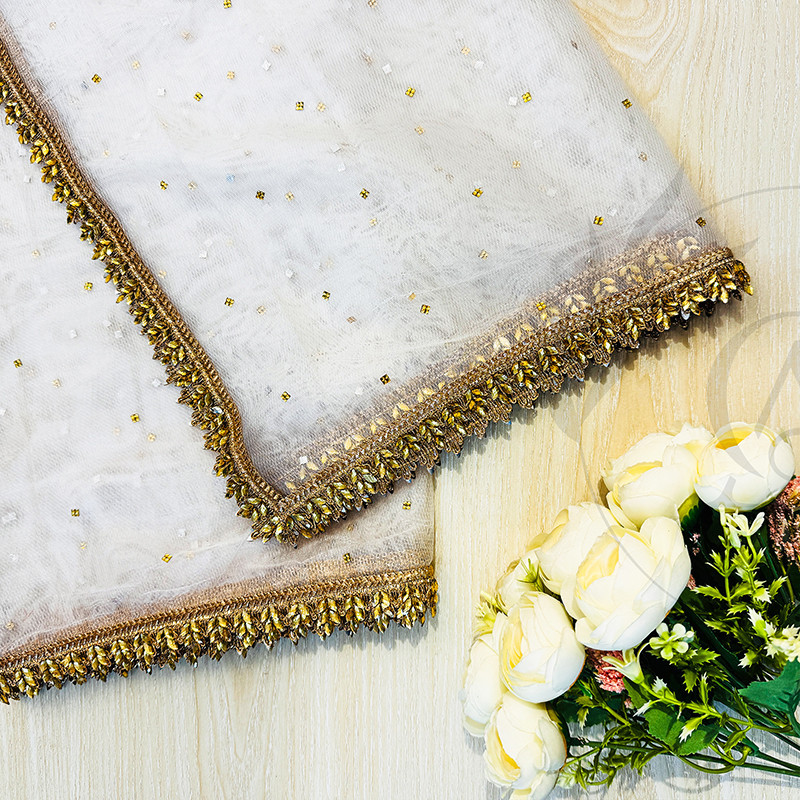 White Net Dupatta with Golden Stone Border – Bridal & Festive Wear | AQ