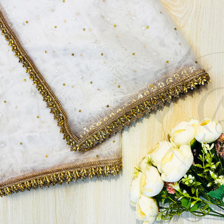 White Net Dupatta with Golden Stone Border – Bridal & Festive Wear | AQ