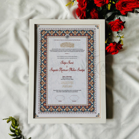 Mughal Mosaic Nikahnama – Islamic Marriage Certificate with White Frame.