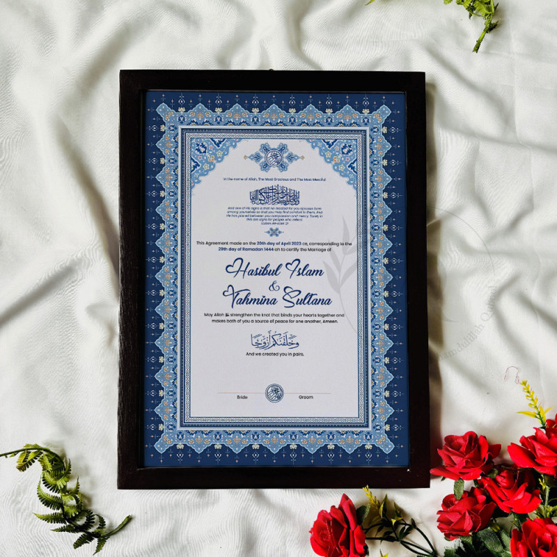 Royal Azure Geometric Nikahnama Design – Elegant Islamic Marriage Certificate