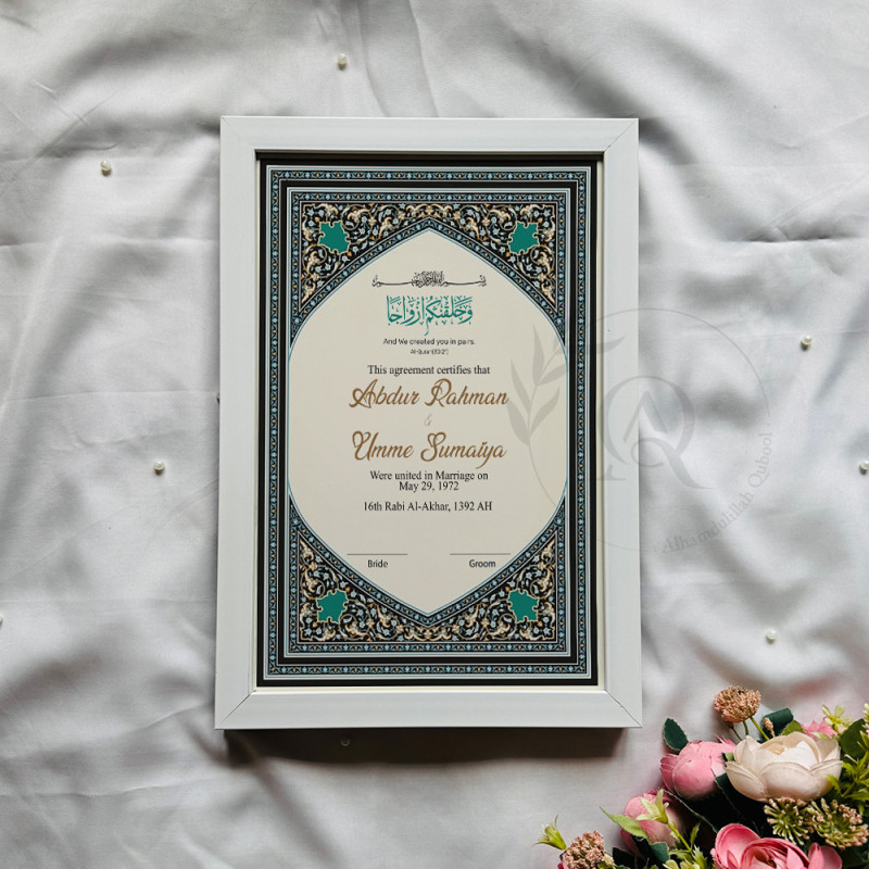 Teal Dome Nikahnama – Islamic Heritage Design in Wooden Frame