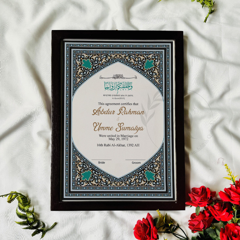 Teal Dome Nikahnama – Islamic Heritage Design in Wooden Frame