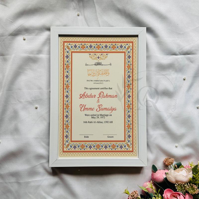 Mughal Floral Nikahnama – Bold Islamic Marriage Certificate in Black Frame