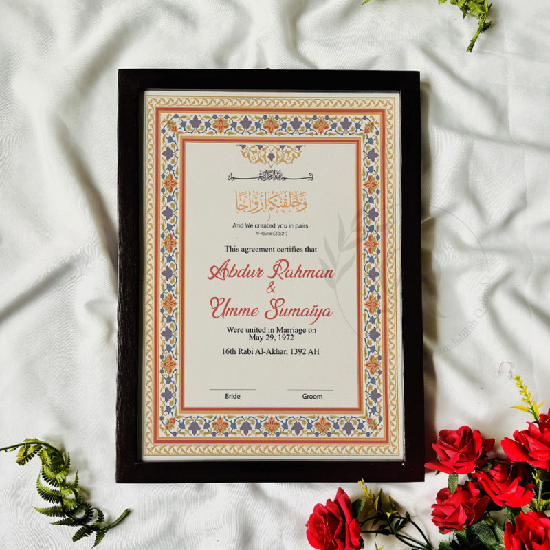 Mughal Floral Nikahnama – Bold Islamic Marriage Certificate in Black Frame
