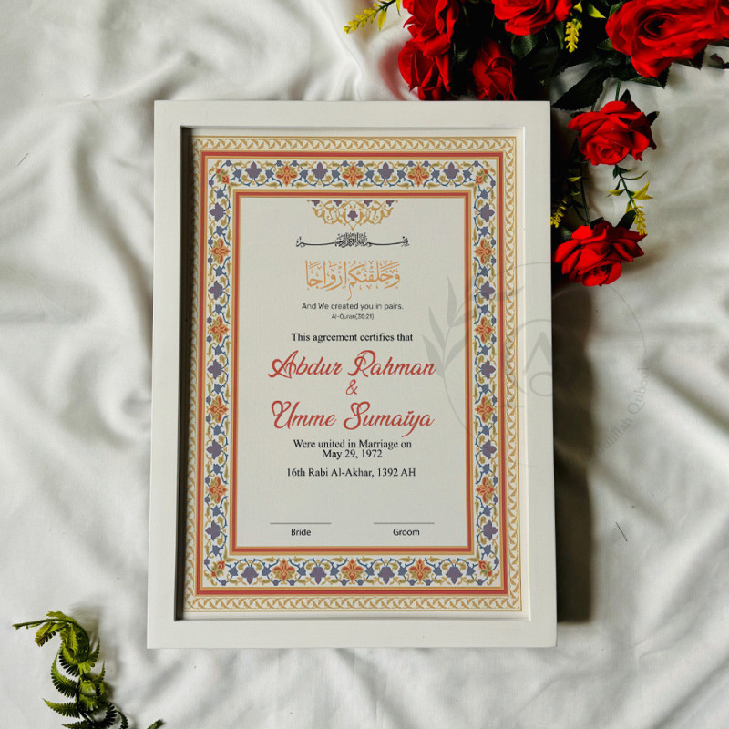 Mughal Floral Nikahnama – Bold Islamic Marriage Certificate in Black Frame
