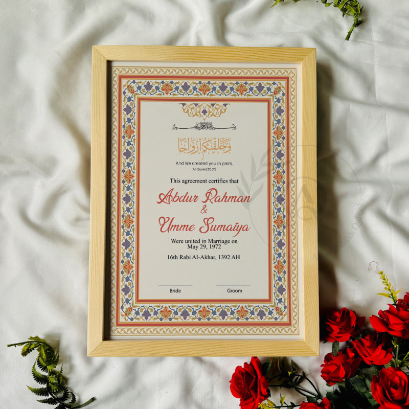 Mughal Floral Nikahnama – Bold Islamic Marriage Certificate in Black Frame