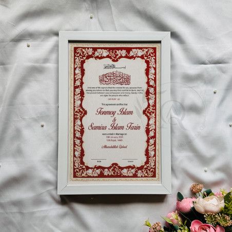 Ruby Blossom Nikahnama – Red Floral Marriage Certificate in Premium Frame