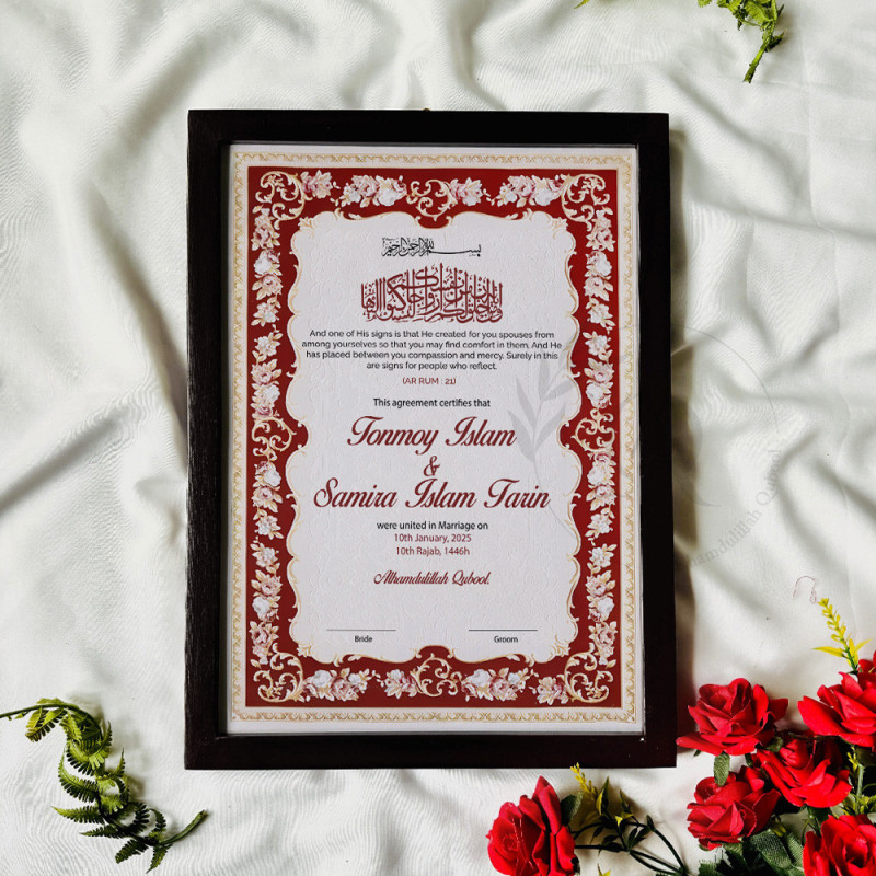 Ruby Blossom Nikahnama – Red Floral Marriage Certificate in Premium Frame