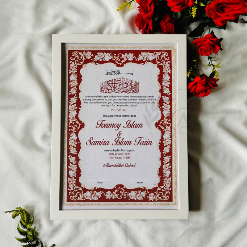 Ruby Blossom Nikahnama – Red Floral Marriage Certificate in Premium Frame