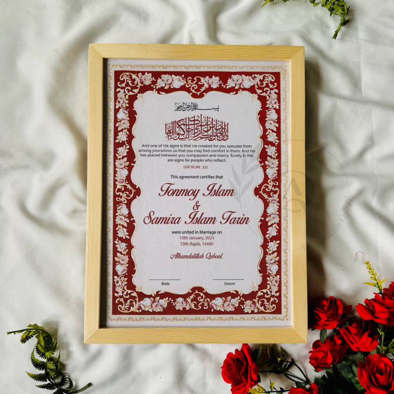 Ruby Blossom Nikahnama – Red Floral Marriage Certificate in Premium Frame