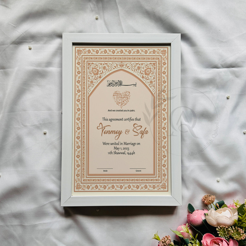 Blush Arch Floral Nikahnama – White Wooden Frame Wedding Certificate