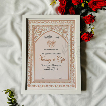 Blush Arch Floral Nikahnama – White Wooden Frame Wedding Certificate