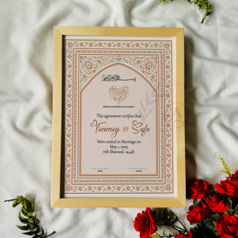 Blush Arch Floral Nikahnama – White Wooden Frame Wedding Certificate