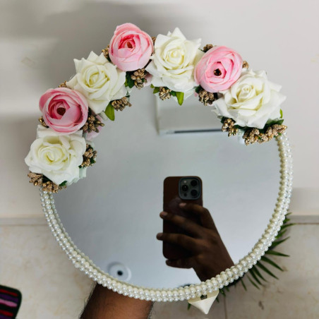 Floral Pearl Mirror Tray – Handcrafted Pink & White Rose Design