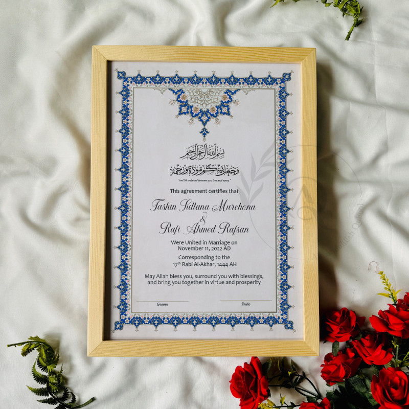 Ottoman Floral Nikahnama Design with Blue Accents.