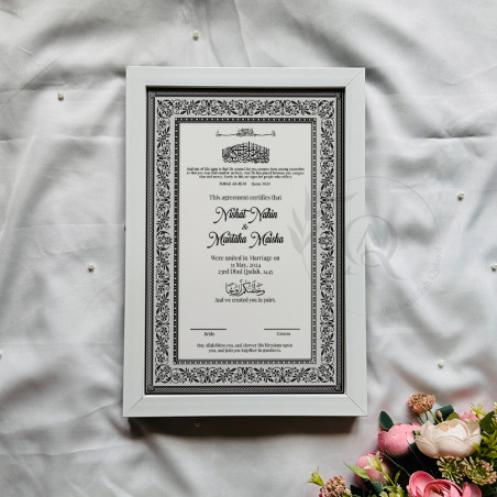 Monochrome Floral Nikahnama – Luxury Islamic Marriage Certificate Frame.