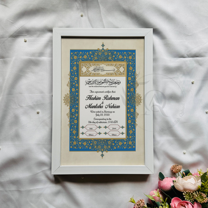Royal Blue Mughal Nikahnama – Islamic Marriage Frame.
