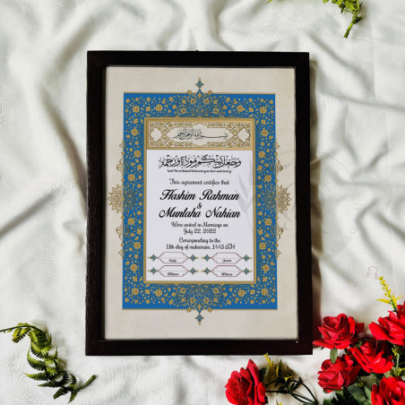 Royal Blue Mughal Nikahnama – Islamic Marriage Frame.