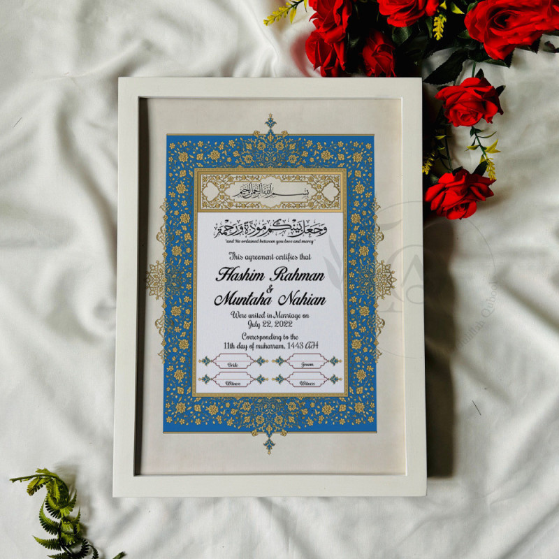 Royal Blue Mughal Nikahnama – Islamic Marriage Frame.