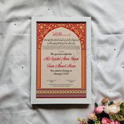 Crimson & Gold Arch Nikahnama – Luxurious Islamic Wedding Frame.