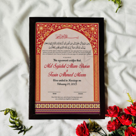 Crimson & Gold Arch Nikahnama – Luxurious Islamic Wedding Frame.