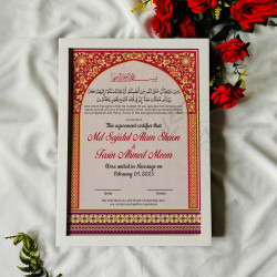 Crimson & Gold Arch Nikahnama – Luxurious Islamic Wedding Frame.