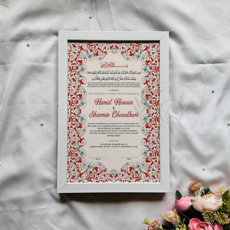 Red & Turquoise Floral Nikahnama – Traditional Islamic Marriage Frame