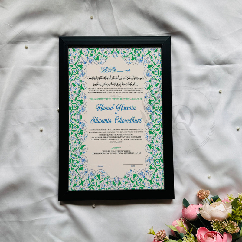 Mint & Sapphire Floral Nikahnama – Elegant Islamic Marriage Certificate.