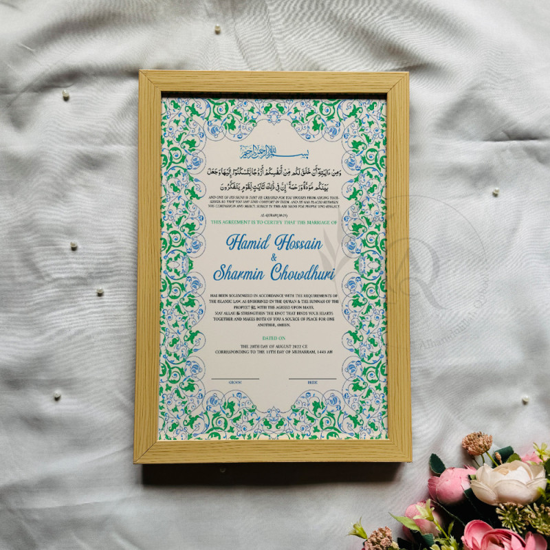 Mint & Sapphire Floral Nikahnama – Elegant Islamic Marriage Certificate.