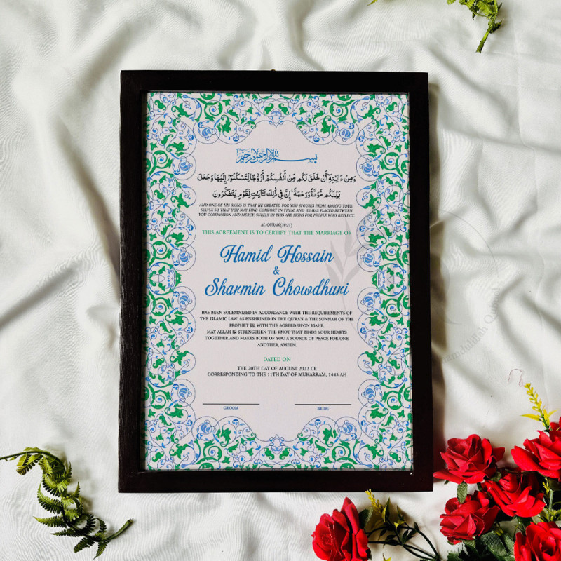 Mint & Sapphire Floral Nikahnama – Elegant Islamic Marriage Certificate.