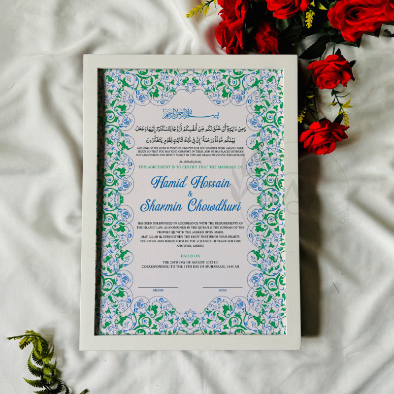 Mint & Sapphire Floral Nikahnama – Elegant Islamic Marriage Certificate.