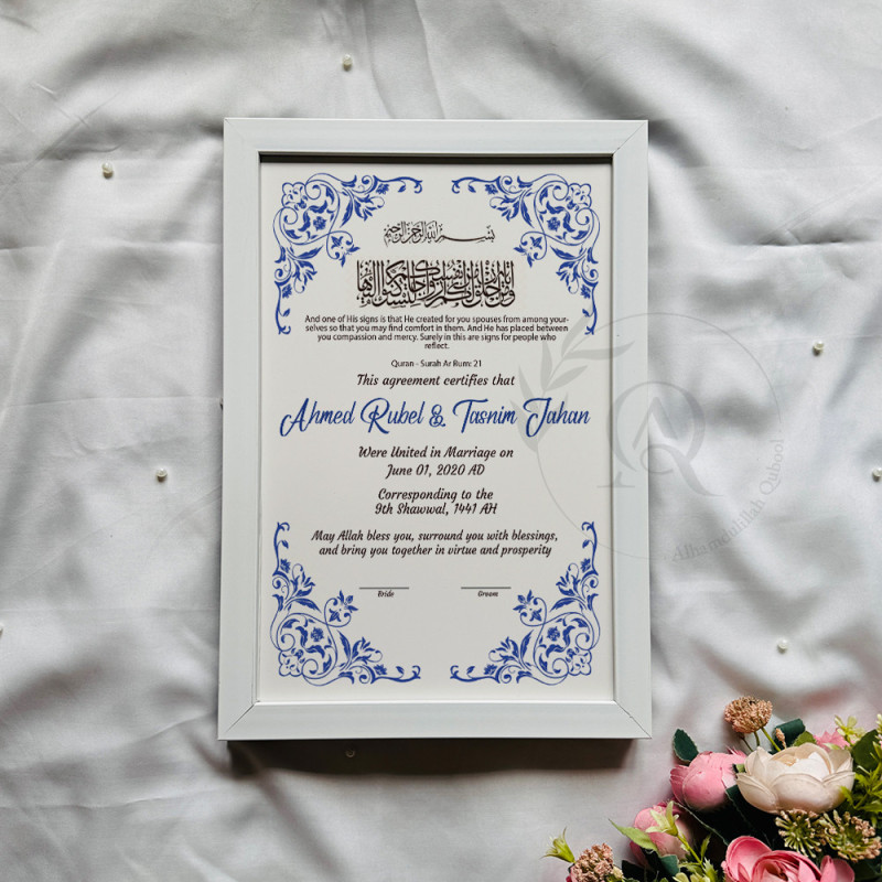 Blue Corner Floral Nikahnama – Elegant Islamic Wedding Certificate.