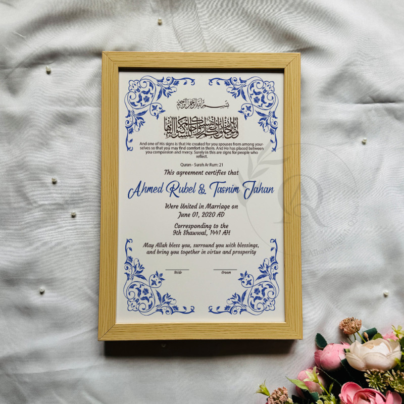Blue Corner Floral Nikahnama – Elegant Islamic Wedding Certificate.