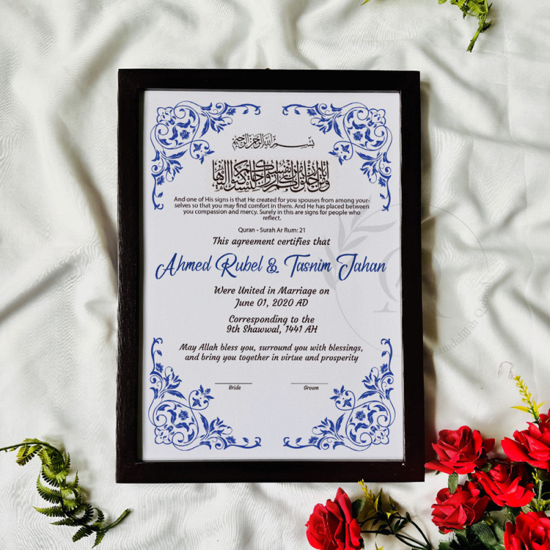 Blue Corner Floral Nikahnama – Elegant Islamic Wedding Certificate.