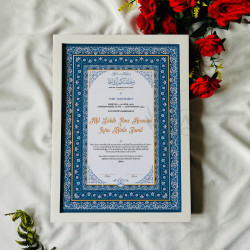 Sapphire Blue Geometric Nikahnama – Luxurious Islamic Marriage Frame.
